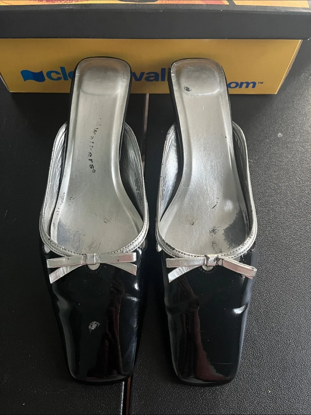 Women's Black Patent Slip-On Heels with Silver Trim and Bow